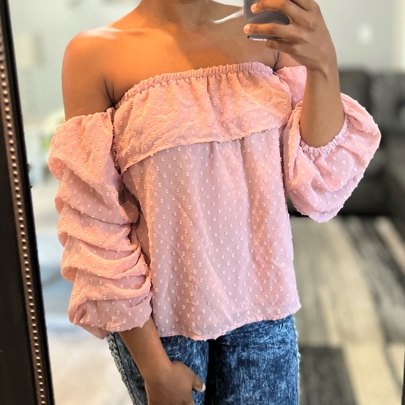 Blush Mauve Pink Charlotte Russe Off Shoulder Ruched Sleeve Blouse, Juniors S - Picture 3 of 3
